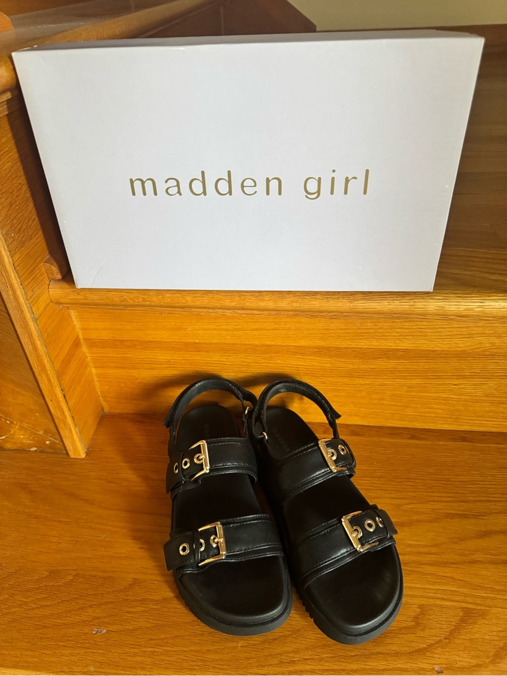 Madden Girl Black Sandals with Gold Buckle Accents